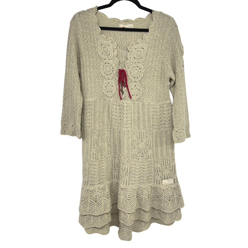 Odd Molly Lambswool Crochet Heart Knit Dress Size 2 M Beige Cottagecore Coquette